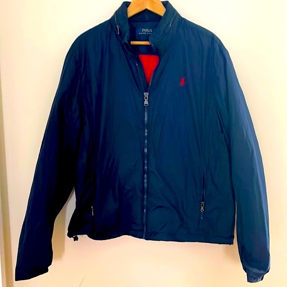 Vintage Polo Ralph Lauren Navy Blue Windbreaker with Roll and Zip Hood. Size XL.